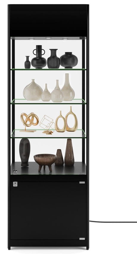 Displays2go 72" Curio Cabinet, 4 Display Levels, LED Top Lighting, Locking Door and Storage Base - Black (SCTWRLD24) Displays2go