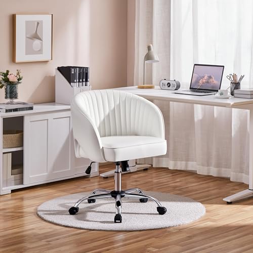 Yaheetech Home Office Chair, Faux Leather Desk Chair, Modern Swivel Chair with Tufted Barrel Back, Rolling Wheels for Office,Study, Vanity, Bedroom White Yaheetech