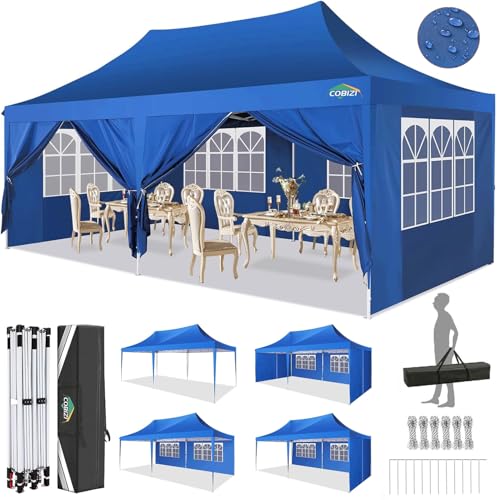 COBIZI 10x20 Pop Up Canopy Tent with Sidewalls,Party Tent Outdoor Gazebos, Waterproof & UV50+,3 Adjustable Heights,Higher Frame Design - Extra Tall for Parties Backyard,Weddings,Markets, Blue COBIZI