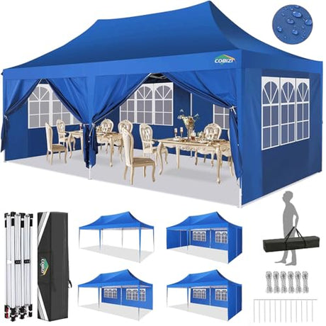 COBIZI 10x20 Pop Up Canopy Tent with Sidewalls,Party Tent Outdoor Gazebos, Waterproof & UV50+,3 Adjustable Heights,Higher Frame Design - Extra Tall for Parties Backyard,Weddings,Markets, Blue COBIZI