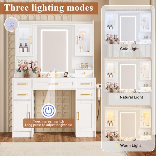 NUNU LAB Makeup Vanity Desk with Mirror and Lights, White Dressing Table with Charging Station, Makeup Vanity with RGB Cabinets and 7 Drawers RGB Cabinets, 3 LED Light Modes (043 White) NUNU LAB