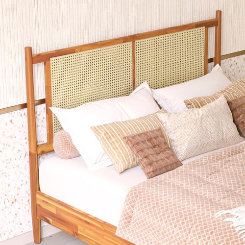 Oliver Queen Size Bed Frame - 15-Inch Mid Century Design with Rattan Headboard, Bohemian Style, No Box Spring Needed, Easy Assembly in Caramel - WoodArtSupply