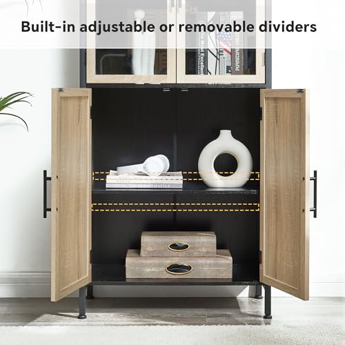 HUSHEDIFY Arched Storage Cabinet with Glass Doors & Shelves, 5-Tier Farmhouse Bookcase Bookshelf Tall Floor Curved Hutch Storage Cabinet for Living/Dining/Office - Oak&Black HUSHEDIFY