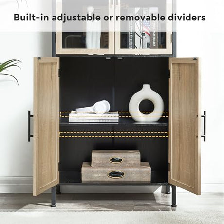 HUSHEDIFY Arched Storage Cabinet with Glass Doors & Shelves, 5-Tier Farmhouse Bookcase Bookshelf Tall Floor Curved Hutch Storage Cabinet for Living/Dining/Office - Oak&Black HUSHEDIFY