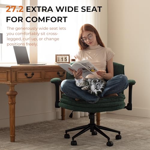Dowinx Criss Cross Chair with Adjustable Flip-up Arms and Wheels, Comfort Ergonomic Office Desk Armchair with 3 Layer Cushions, Wide Seat Vanity Chair for Home Office, Living Room, Bedroom, Green Dowinx