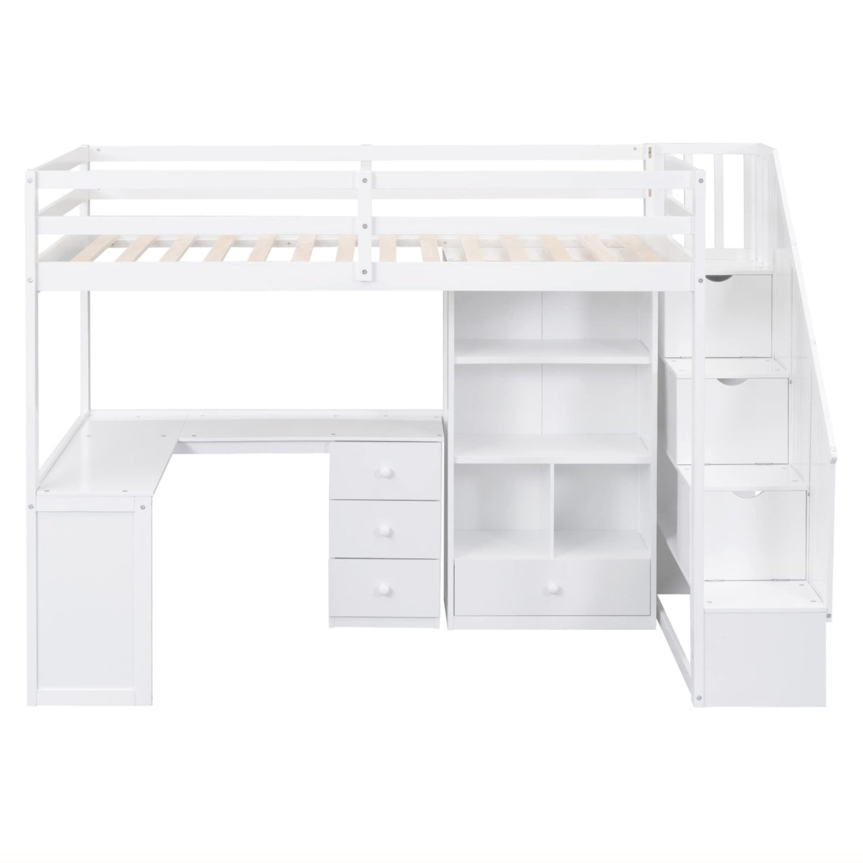 SOFTSEA Multifunctional Twin High Loft Bed with L-Shaped Desk, Bookshelves, and Staircase in Pure White SOFTSEA