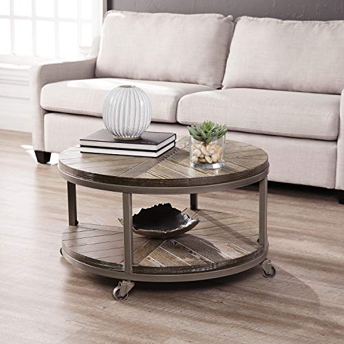 SEI Furniture Konya Urban Industrial Round Coffee Table, White-limed Burnt Oak/Distressed Gray - WoodArtSupply