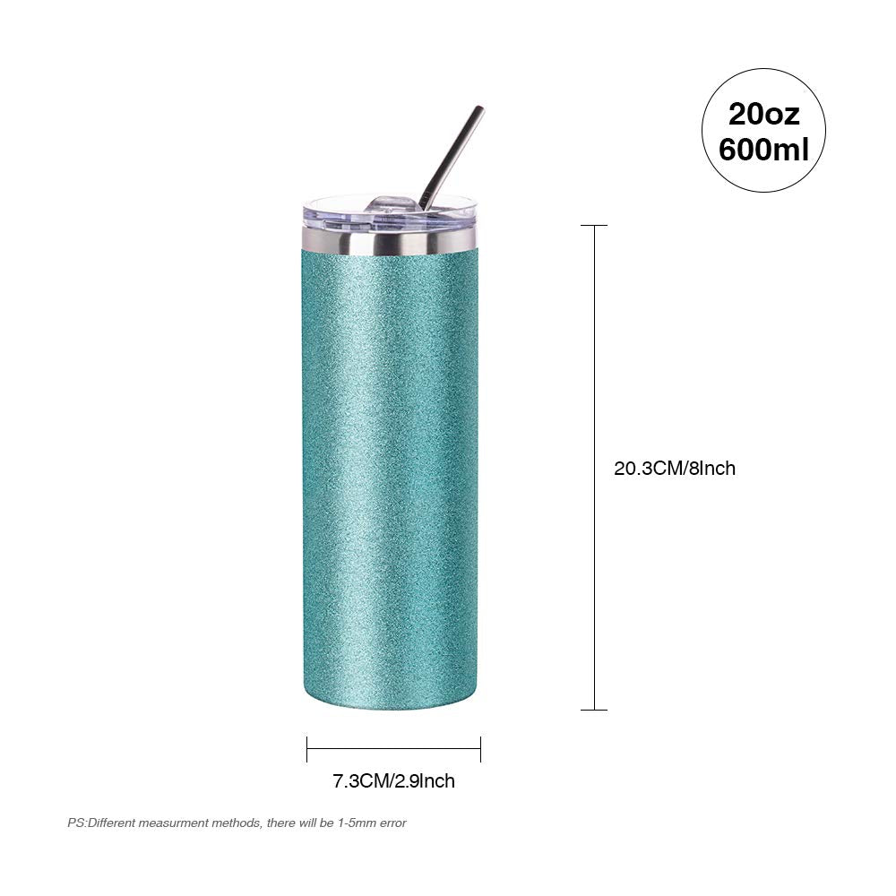 PYD Life Sublimation Blank Glitter Skinny Tumbler Teal 20 OZ Straight Stainless Steel Tumbler with Metal Straw for Tumbler Heat Press Machine Heat Transfer 4 Pack