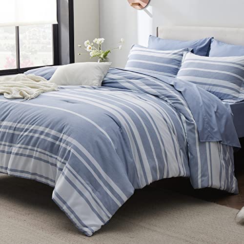 Bedsure Twin Comforter Set 5 Pieces, Blue Striped Bedding Set for All Seasons, Reversible, Cationic Dyeing Bed in a Bag with Comforter, Sheets, Pillowcase & Sham Bedsure