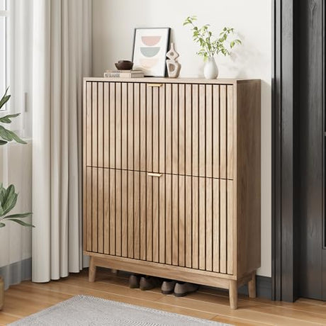 Kiasthome 2 Flip Drawer Shoe Storage Cabinet, Wooden Shoe Organizer with Ventilated Slatted Doors for Entryway, Hallway, Living Room (Wood, 31.5" W) Kiasthome