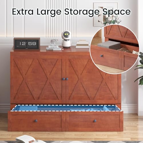 PUREMIND Murphy Bed Queen, Modern Murphy Cabinet Bed with USB Charging Station & Large Storage Drawer, Space-Saving Full Foldable Platform Bed for Guest Bedroom (Cherry) PUREMIND