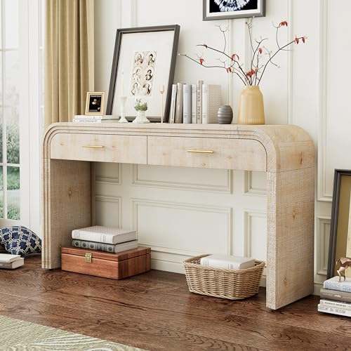 VilroCaz Unique Retro Curved Console Table with 2 Top Drawers, Versatile 59'' Long Accent Entryway Table Sofa Table for Entrance, Dinning Room, Living Room (Natural-C5) VilroCaz