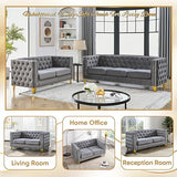 Velvet Living Room Sofa Set of 2, Comfy Loveseat and 3 Seater Couch, Modern Sofa with Tufted Back and Rivet Decoration, Upholstered Long Couch with Solid Golden Metal Tapered Legs, Grey KINFFICT