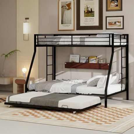 AiHMEi Twin XL Over Queen Bunk Bed with Trundle, Heavy Duty Metal Bunk Bed Frame with 2 Ladders and Full-Length Guardrail, Space-Saving Bunk Beds for Kids Teens Adults, No Box Spring Needed, Black AiHMEi