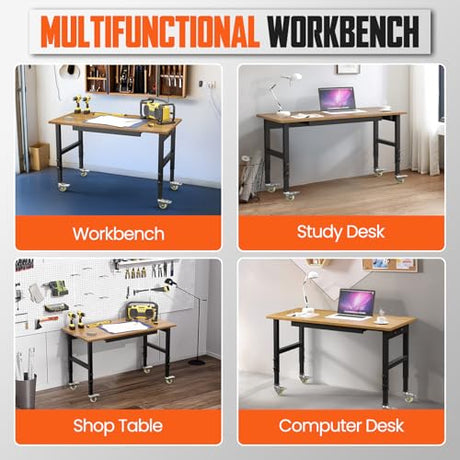 SGHATAJ 48” Adjustable Height Workbench with Drawers, Heavy-Duty Solid Wood Work Table with Lockable Wheels and Power Outlets, 3000 Lbs Capacity Workstation for Garage, Workshop, Home, Office SGHATAJ