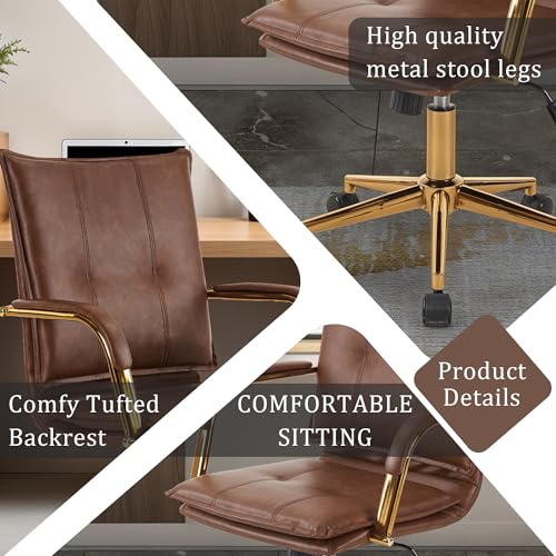 MOJAY Mid-Back Ergonomic Leather Office Desk Chair, Modern Upholstered Computer Chair, Executive Office Chair with Arms, Swivel Adjustable Rolling Chair with Gold Base (Brown) MOJAY