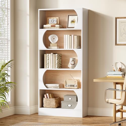 LITTLE TREE 70.8-Inch Modern Bookshelf, 5-Tier Freestanding Tall White Bookshelf, Large Open Bookcase with Storage, Large Book Shelf for Office, Home, or Classroom (White and Walnut) LITTLE TREE