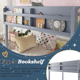 Duxelifin Twin Low Bunk Beds for Kids, Wooden Bunk Bed Frame Twin Over Twin, Convertible Floor Bunk Bed with Storage Shelf & Ladder, No Box Spring Needed (Grey) Duxelifin