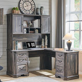 T4TREAM 59" Executive L Shaped Desk with Hutch,Victorian Wood Computer Desk, Featuring Charging Station,File Drawer, Storage Cabinet,for Home Office Work and Study (Dark Rustic Oak) T4TREAM