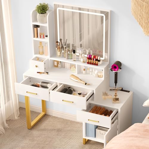 YITAHOME Vanity Desk with Mirror and Lights, Makeup Vanity Set with Power Outlet, Dressing Table with 3 Lighting Modes Brightness Adjustable, 4 Drawers, Cabinet, Stool, Bedroom, Ivory White - WoodArtSupply