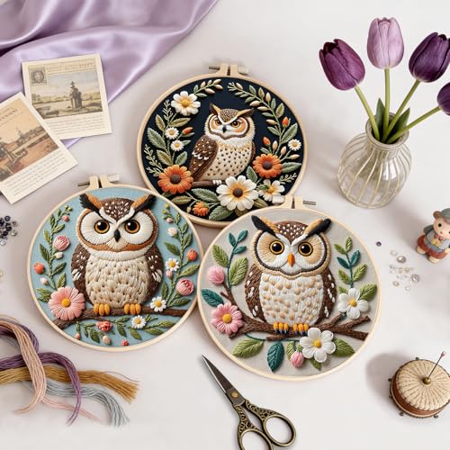 Uniartfy 3 Sets Embroidery Kit for Beginners with Owl Flower Pattern, Hand Needlepoint Kits for Adults, Embroidery Starter Kits with Hoops, Step by Step Video & Instructions, DIY Cross Stitch Kit