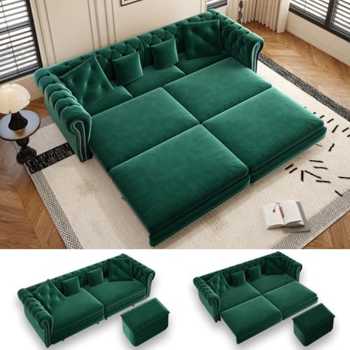 LuxyHoom 89" King Pull Out Sofa Bed, Velvet Chesterfield Sleeper Sofa Couch, 3 in 1 Convertible Tufted Futon Couches with Ottoman for Living Room, Small Space, Apartment, Office, Bedroom, Green LuxyHoom