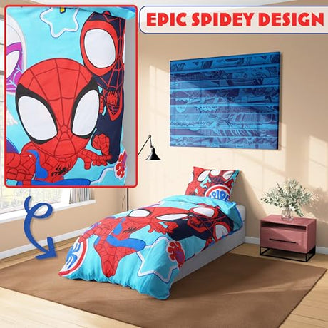 Marvel Spiderman Duvet Cover and Pillowcase Set for Single Bedding, Bedroom Accessories for Kids Teens (Blue Spidey) Marvel
