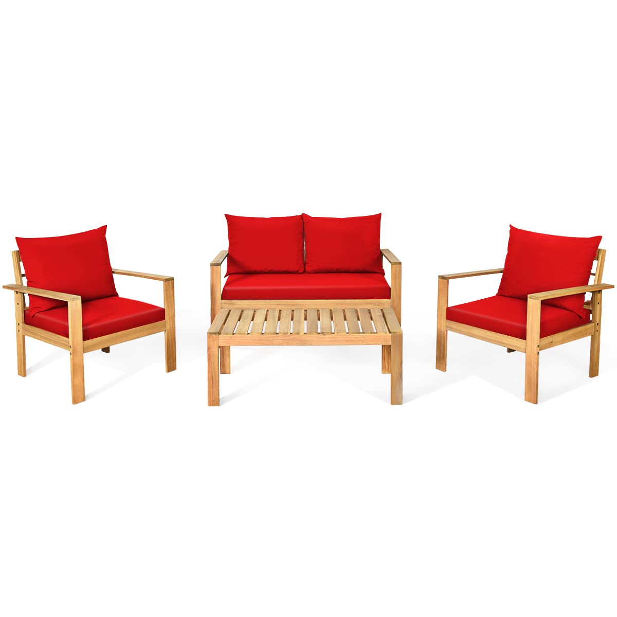 COSTWAY 4 Pieces Outdoor Acacia Wood Sofa Set, Outdoor Conversation Sofa Set with Table & Cushions Porch Chairs for Garden, Patio, Deck - WoodArtSupply