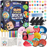 Nicpro 97PCS Rock Painting Kit Glow in The Dark & Metallic, 32 Colors Paint Supplies for Kids Ages 4-12, DIY Art Set 15 River Rocks with Holder, Toy Gift for Boys Girls Birthday Party Activities Nicpro