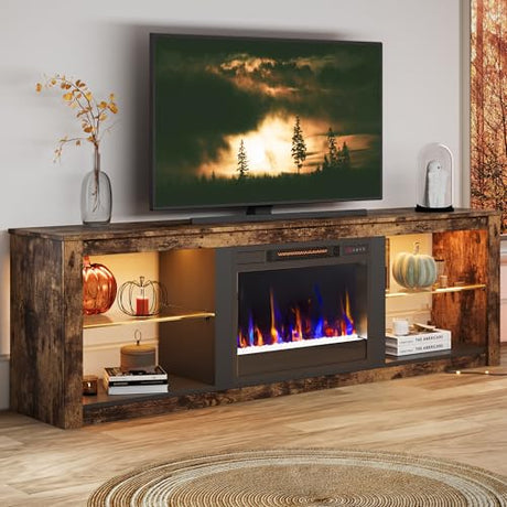 Bestier 70 Inch Fireplace TV Stand for TV up to 75", LED Entertainment Center with 23" Electric Fireplace Media Console Table for Living Room with Glass Shelves, Rustic Brown Bestier
