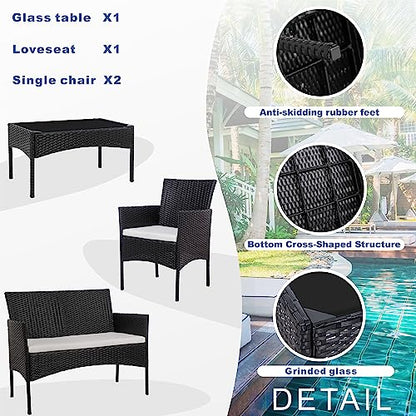 Shintenchi 4 Piece Outdoor Patio Furniture Sets, Small Wicker Patio Conversation Furniture Rattan Chair Set with Tempered Glass Coffee Table for Backyard Porch Garden Poolside Balcony, Black