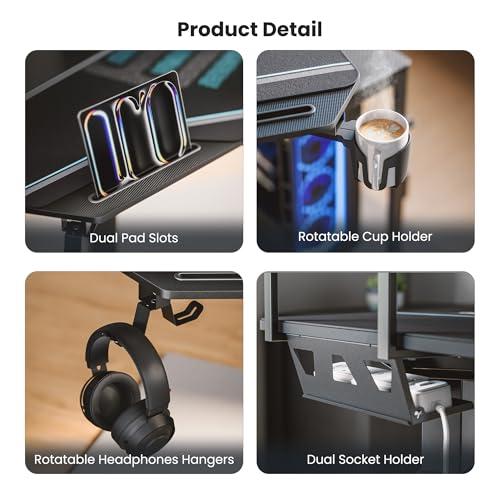 EUREKA ERGONOMIC Aero 72 Inch Gaming Desk with Keyboard Tray, Large Computer Desk Led Lights, Wing-Shaped Monitor Stand Dual Headphone Hanger Cup Holder for Studio,Streamer,Live,Black EUREKA ERGONOMIC