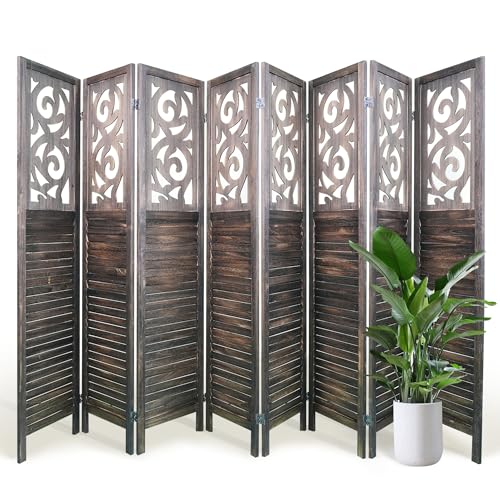 Grungis 8 Panel Room Divider 5.6FT Wood Carved Room Dividers, Folding Privacy Screens Portable Freestanding Partition Wall Dividers for Bedroom, Office, Rustic Brown Grungis