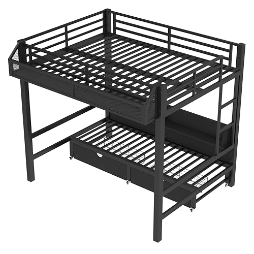 Bellemave Full Over Full Bunk Beds with Storage Shelves & Drawers, Metal Bunk Bed Full Over Full with Charging Station & LED Lights, Space Saving Bed Frame Convertible to Sofa Design, Black Bellemave