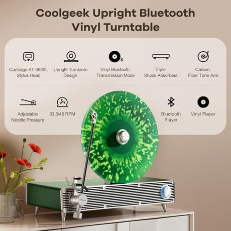 CoolGeek VS01 Vertical Record Player with Built-in Subwoofer & Speakers, Premium Hi-Fi Turntable with AT-3600L Stylus, Anti-Vibration Upright Vinyl Player for Home Decor (33/45 RPM) (Green) COOLGEEK