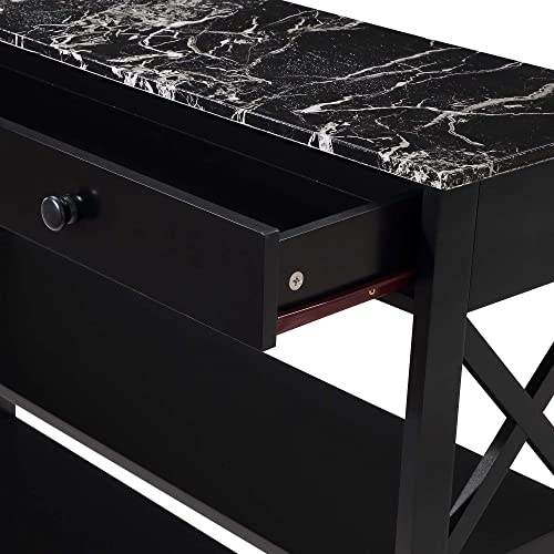 Convenience Concepts Oxford 1 Drawer Console Table with Shelves, Black Faux Marble/Black Convenience Concepts