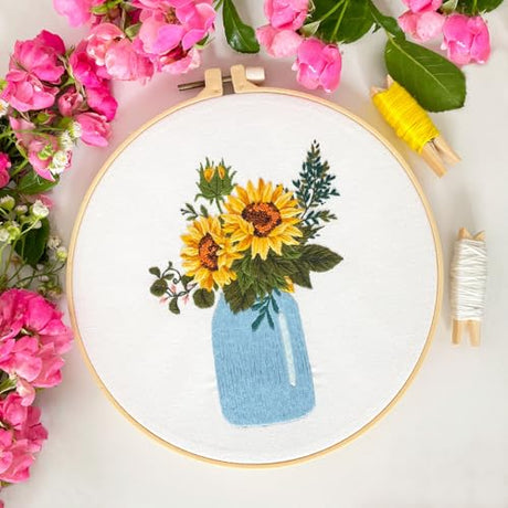 Myfelicity Embroidery kit,Floral Embroidery Art Kit, Set of 3, Decorative Pitcher Designs with Sunflowers and Wildflowers Myfelicity