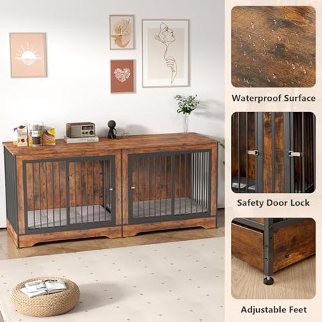 Rovibek Double Dog Crate, TV Stand, 75 Inch Dog Crate Furniture for 2 Dogs, Dog Kennel Indoor with Double Doors, Dog Cage with Removable Divider for Large Medium Dogs, Brown Rovibek