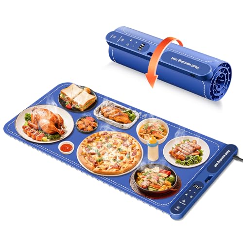 Warming Mat for Food Extra Large 32"x15", Electric Silicone Food Warmer Trays for Chafing Dishes & Buffet,Portable Countertop Food Warmers for Parties, 7-Level Temp 8-Hour Timer， Blue FJAU