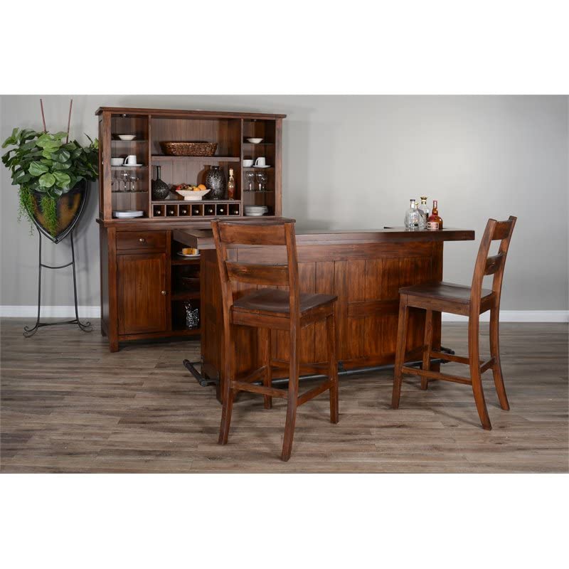 Pemberly Row 78" Farmhouse Wood Freestanding Island Home Bar Unit, Stemware Rack, Wine Rack, Storage Cabinets, for Kitchen and Basements, in Mahogany Brown Pemberly Row