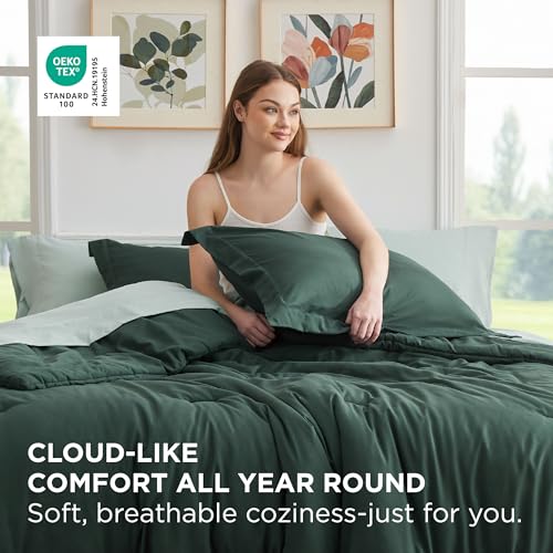 Bedsure Twin Comforter Set - 5 Pieces Forest Green Twin Bedding Set for All Seasons, Boho Contrasting Design Bed in a Bag with Comforter, Sheets, Pillowcase & Sham Bedsure