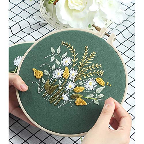 Kissbuty Embroidery Starter Kit with 3 Pcs Fabric & Patterns, Bamboo Hoop, Color Threads Tools (Plants Flowers)