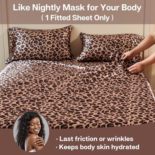 MR&HM Satin Fitted Sheet Full Size, Silky Bottom Sheet with Elastic Corner Straps, Deep Pocket up to 15 Inch, No More Slipping Off for Mattress - 1 Fitted Sheet Only (Brown Leopard) MR&HM