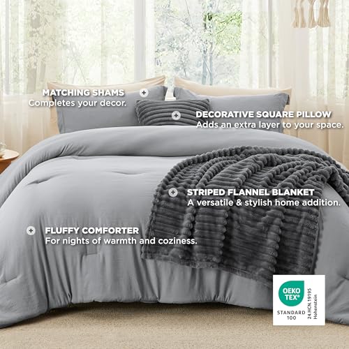Bedsure Full Comforter Set 5 Pieces - Bed in a Bag with Fleece Throw Blanket and Decorative Pillow, Lightweight Bedding Comforter Sets, All Season Bedding, Dark Grey Bedsure
