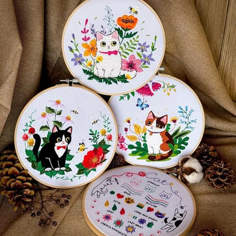Embroidery Kit for Beginners, 4 Sets Cat Embroidery Kits, Needle Point Kits for Adults Beginner, with Full Package Embroidery Supplies, Detailed Easy-to-Follow Instructions, Gift for DIY Lovers ZWZRAFT