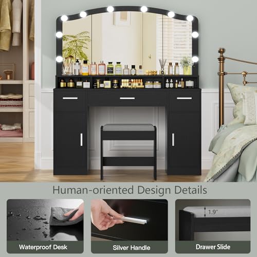 usikey Makeup Vanity with Lights, Vanity Desk, Makeup Vanity Table with 3 Drawers, 2 Cabinets & Long Storage Shelf, 10 Led Lights, Dressing Vanity Table with Stool, for Women, Girls, Bedroom, Black