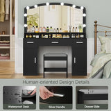 usikey Makeup Vanity with Lights, Vanity Desk, Makeup Vanity Table with 3 Drawers, 2 Cabinets & Long Storage Shelf, 10 Led Lights, Dressing Vanity Table with Stool, for Women, Girls, Bedroom, Black usikey