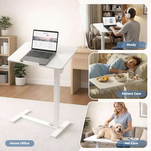 DUMOS Adjustable Overbed Bedside Table with Hidden Wheels, Mobile Standing Desk with Pneumatic Lift, Portable Computer Workstation Cart for Bed, Couch, Office, Sofa, White DUMOS