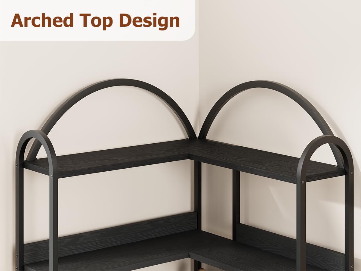Loumernhant Arched Corner Bookshelf 68.5" Tall, Industrial Wood & Metal Bookcase for Home Office, 5-Tier Storage Shelf for Books/Toys/Decor Loumernhant