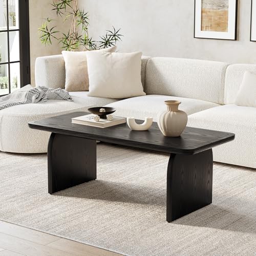 LITTLE TREE Farmhouse Coffee Table, 47 Inches Wooden Center Tables with Rounded Corners, Rectangular Living Room Tables, Modern Low Cocktail Tea Furniture for Living Room (Black) LITTLE TREE